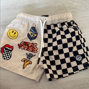 Kids Swim Trunks with Checkered and Graphic Design